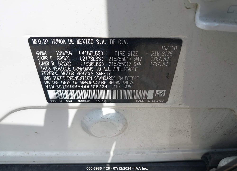 2021 HONDA HR-V AWD EX VIN: 3CZRU6H54MM706724