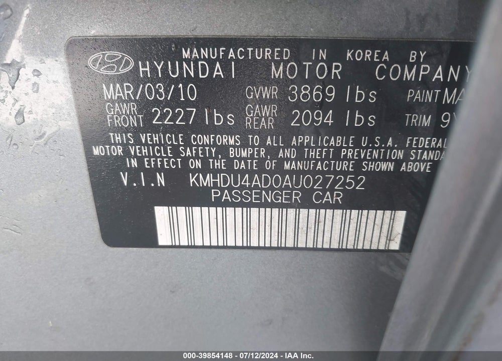 2010 HYUNDAI ELANTRA GLS VIN: KMHDU4AD0AU027252