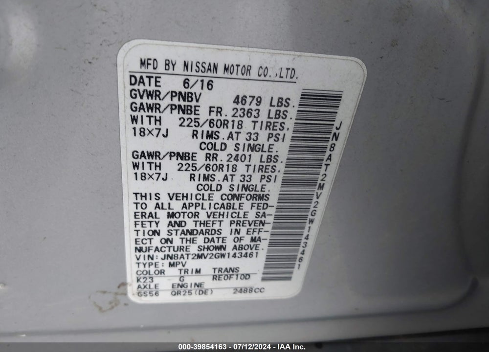 2016 NISSAN ROGUE SL VIN: JN8AT2MV2GW143461