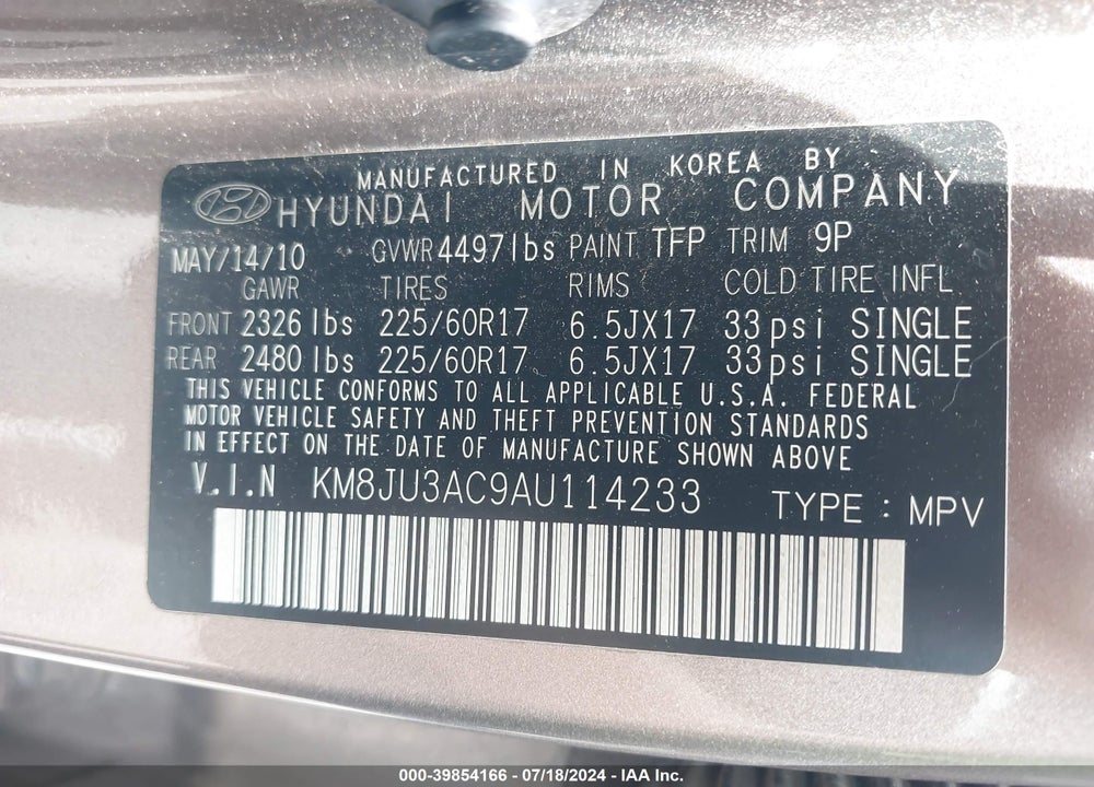 2010 HYUNDAI TUCSON GLS VIN: KM8JU3AC9AU114233