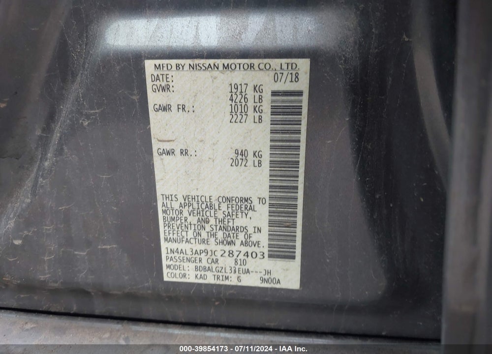 2018 NISSAN ALTIMA 2.5 S VIN: 1N4AL3AP9JC287403
