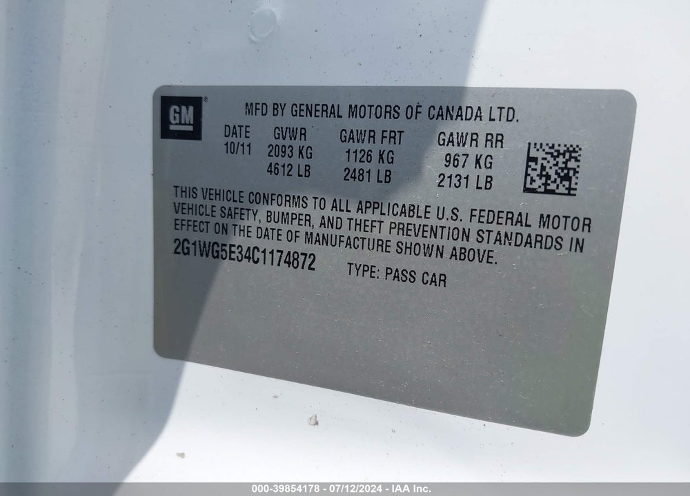 2012 CHEVROLET IMPALA LT VIN: 2G1WG5E34C1174872