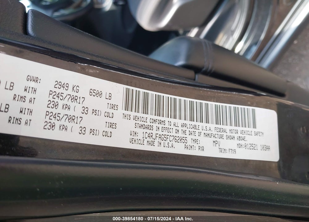 2015 JEEP GRAND CHEROKEE LAREDO VIN: 1C4RJFAG5FC762055
