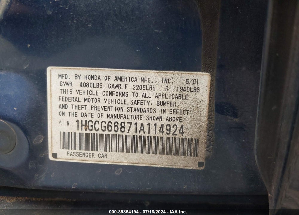 2001 HONDA ACCORD 2.3 EX VIN: 1HGCG66871A114924