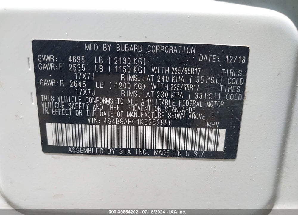 2019 SUBARU OUTBACK 2.5I VIN: 4S4BSABC1K3282856