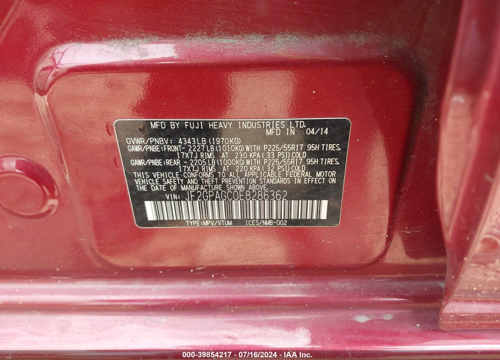 2014 SUBARU XV CROSSTREK 2.0I LIMITED VIN: JF2GPAGC0E8286362
