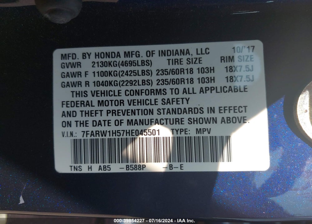 2017 HONDA CR-V EX VIN: 7FARW1H57HE045501