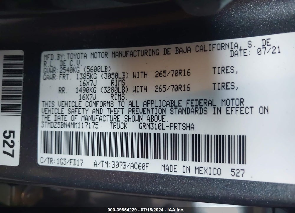 2021 TOYOTA TACOMA TRD OFF ROAD VIN: 3TMDZ5BN4MM117175