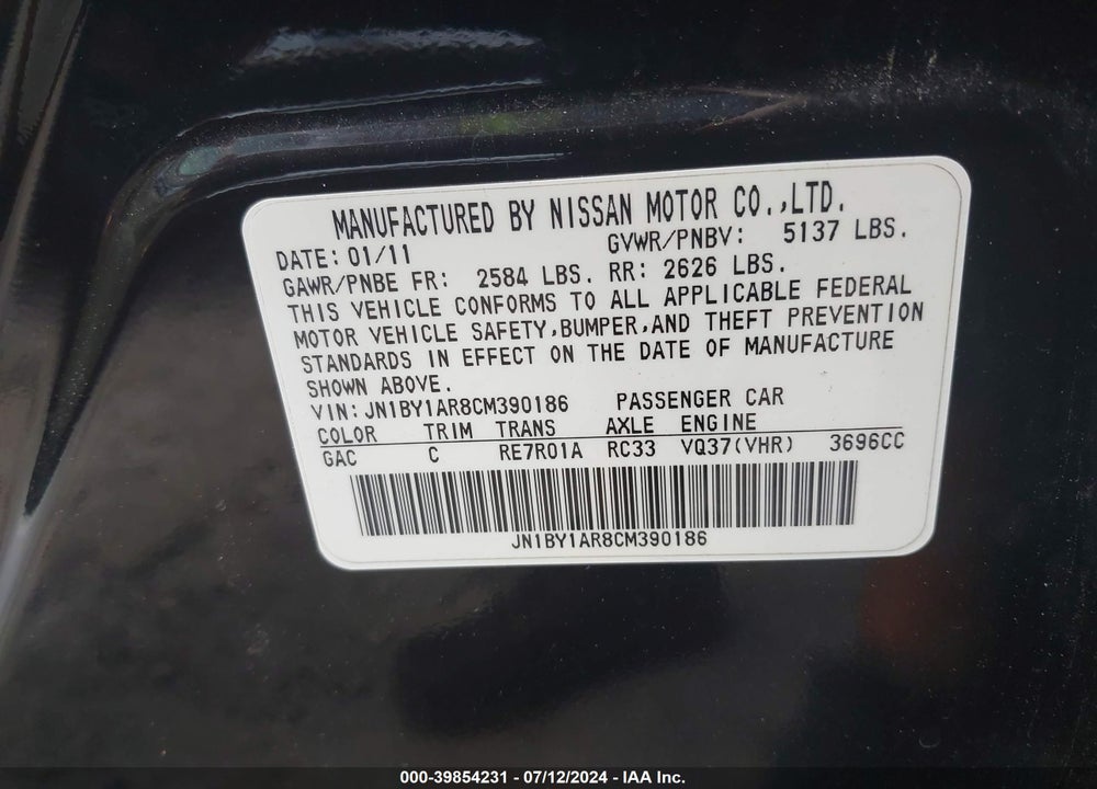 2012 INFINITI M37X VIN: JN1BY1AR8CM390186