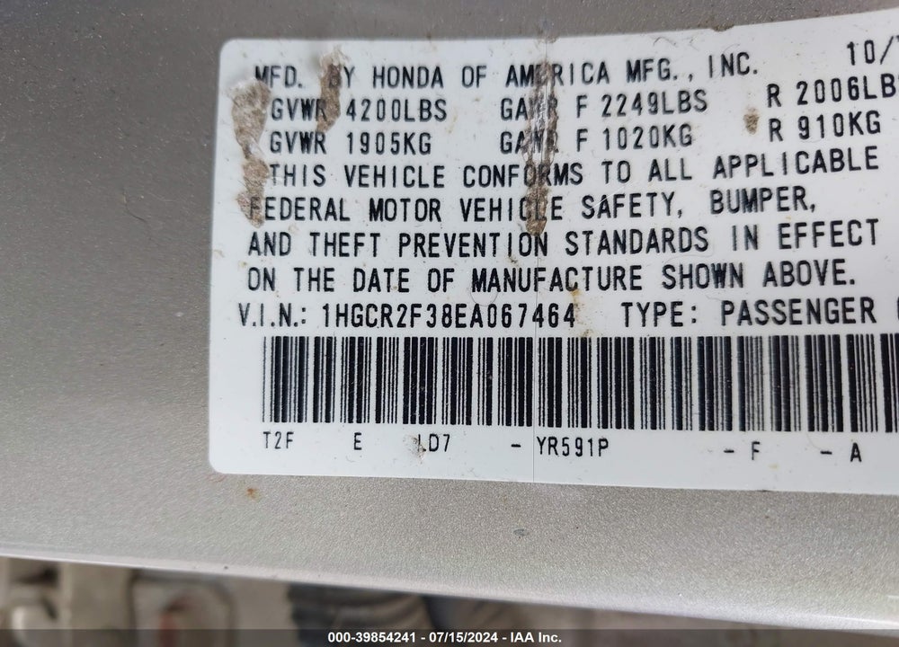 2014 HONDA ACCORD LX VIN: 1HGCR2F38EA067464
