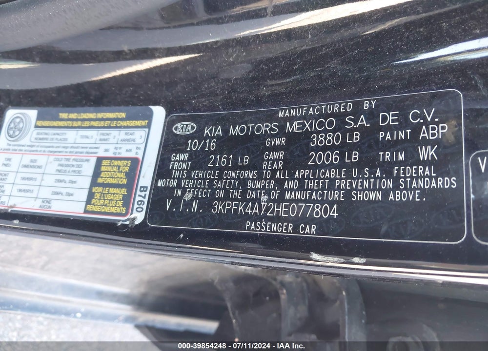 2017 KIA FORTE LX VIN: 3KPFK4A72HE077804