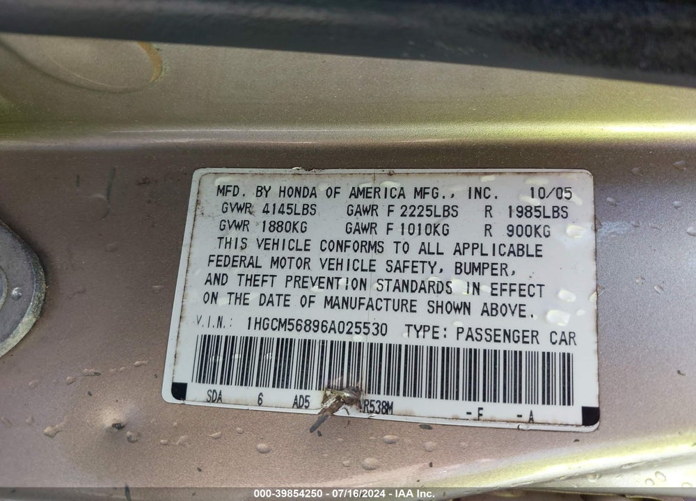 2006 HONDA ACCORD 2.4 EX VIN: 1HGCM56896A025530