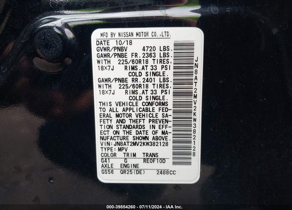 2019 NISSAN ROGUE SV VIN: JN8AT2MV2KW382128