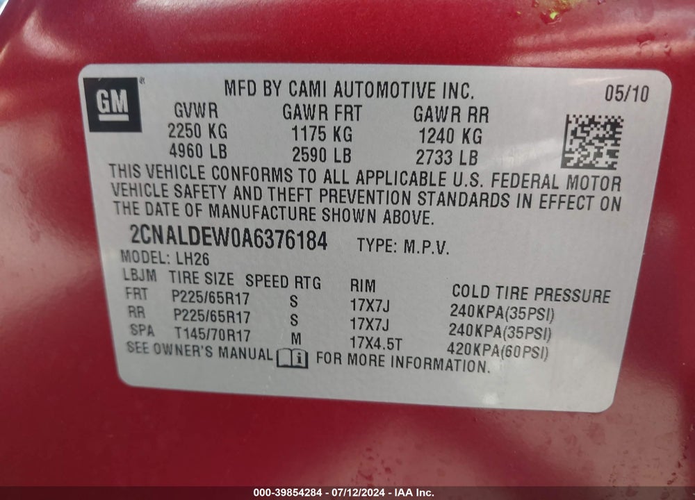 2010 CHEVROLET EQUINOX LT VIN: 2CNALDEW0A6376184