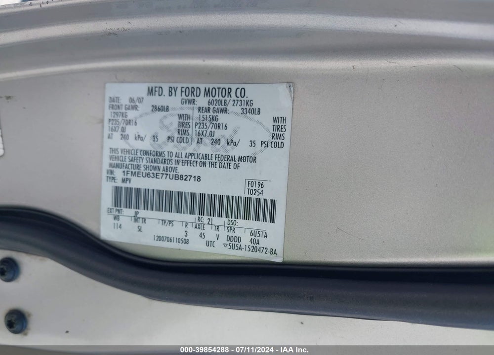 2007 FORD EXPLORER XLT VIN: 1FMEU63E77UB82718
