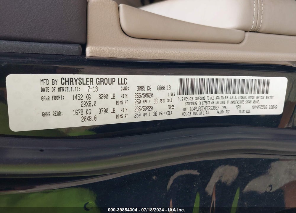 2014 JEEP GRAND CHEROKEE VIN: 1C4RJFCTXEC233807