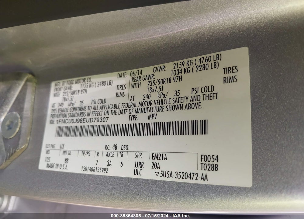 2014 FORD ESCAPE TITANIUM VIN: 1FMCU0J98EUD79307