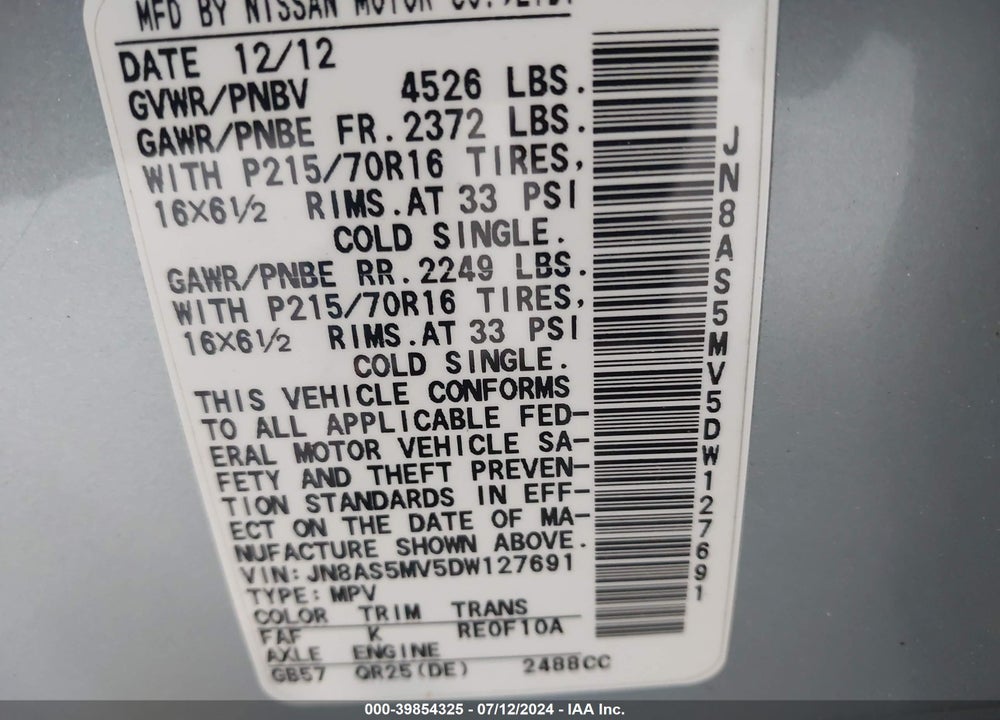 2013 NISSAN ROGUE S VIN: JN8AS5MV5DW127691