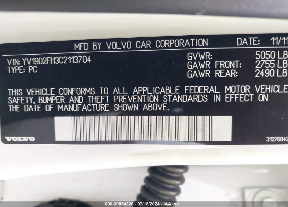 2012 VOLVO S60 T6/T6 R-DESIGN VIN: YV1902FH3C2113704