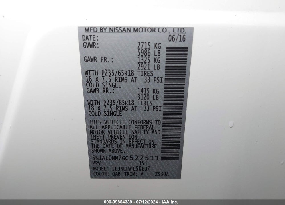 2016 INFINITI QX60 VIN: 5N1AL0MM7GC522511