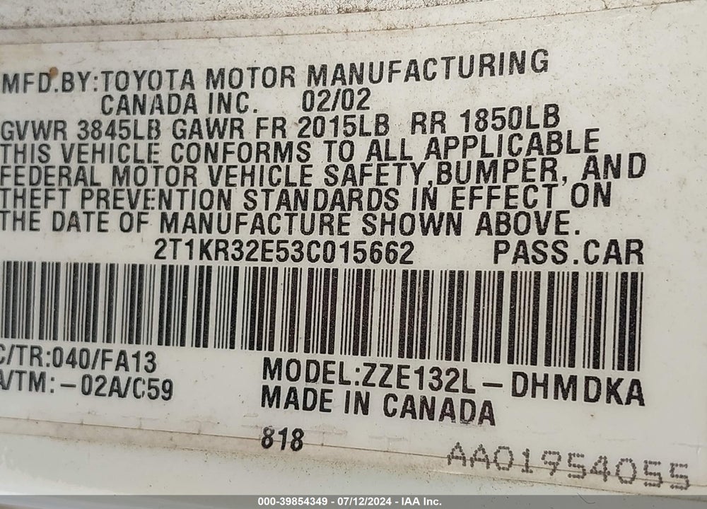 2003 TOYOTA MATRIX STANDARD VIN: 2T1KR32E53C015662