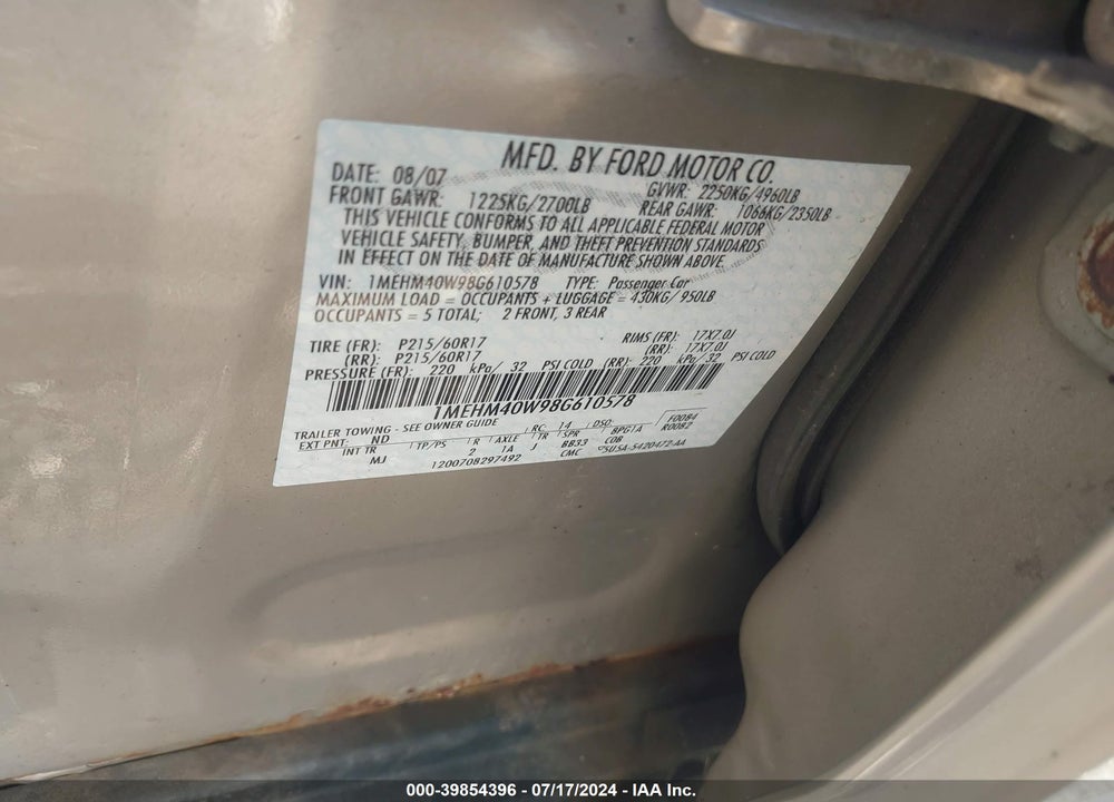 2008 MERCURY SABLE VIN: 1MEHM40W98G610578