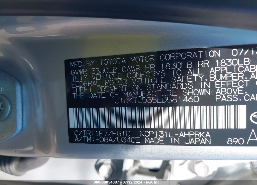 2014 TOYOTA YARIS LE (TMC/CBU PLANT) VIN: JTDKTUD35ED581460