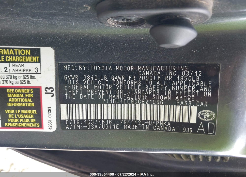 2012 TOYOTA COROLLA LE VIN: 2T1BU4EE9CC821066