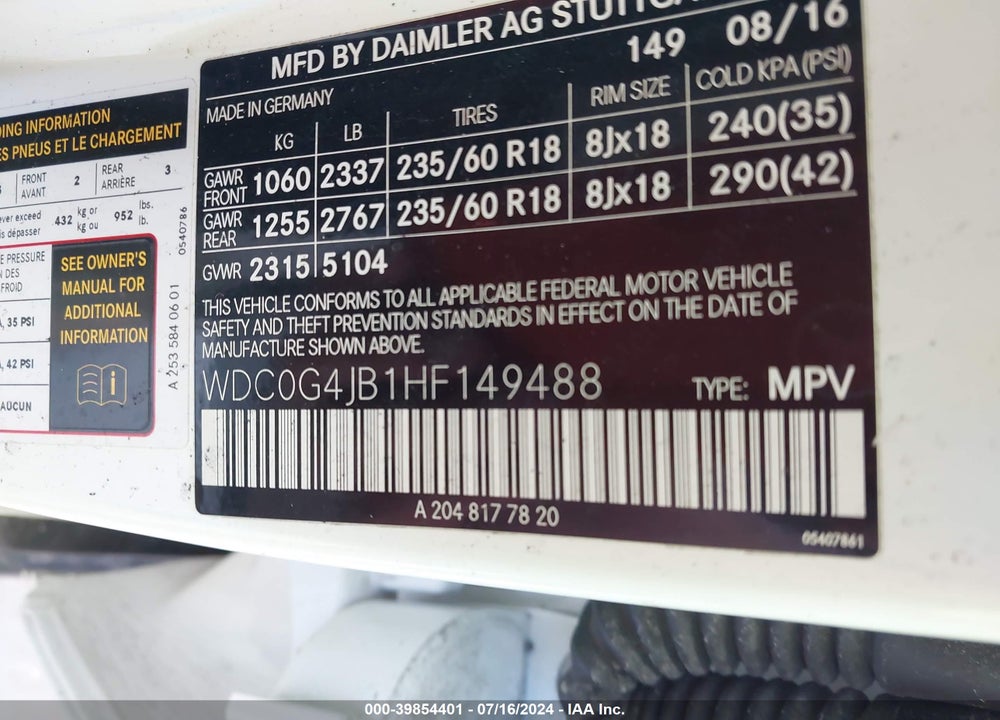 2017 MERCEDES-BENZ GLC 300 VIN: WDC0G4JB1HF149488