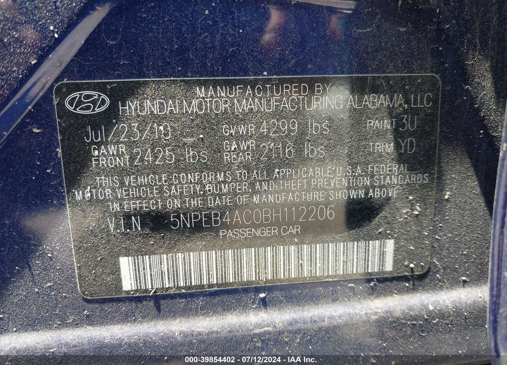 2011 HYUNDAI SONATA GLS VIN: 5NPEB4AC0BH112206