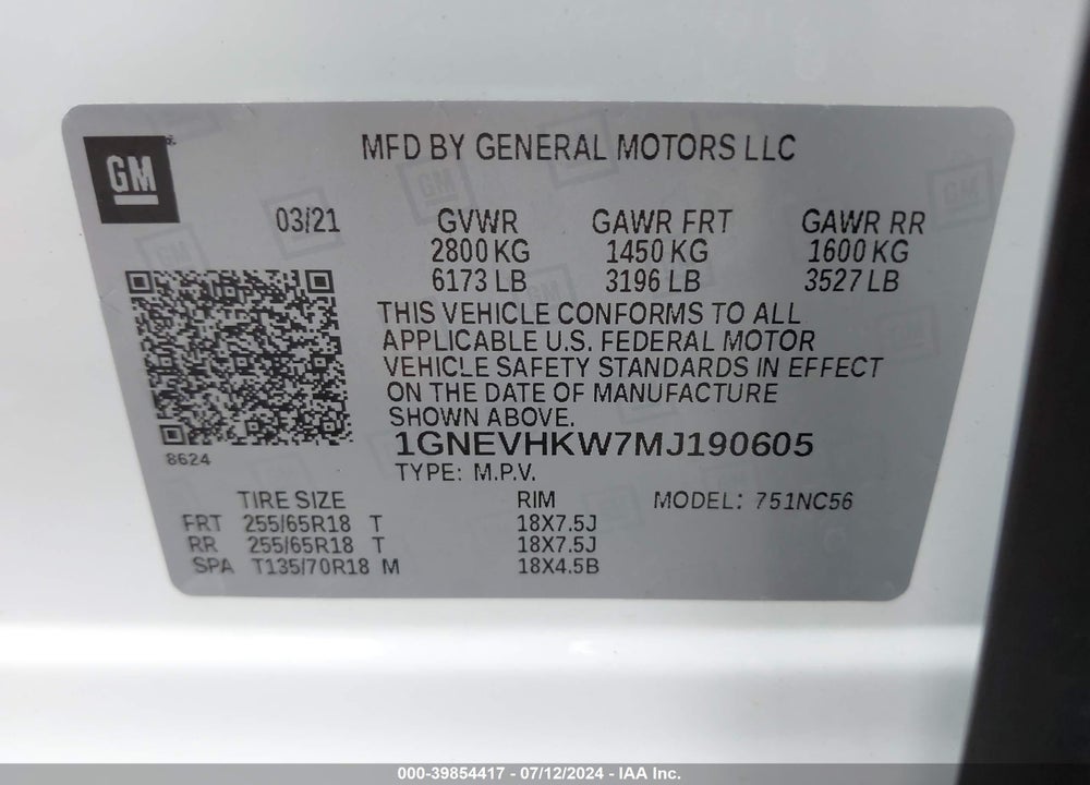 2021 CHEVROLET TRAVERSE VIN: 1GNEVHKW7MJ190605