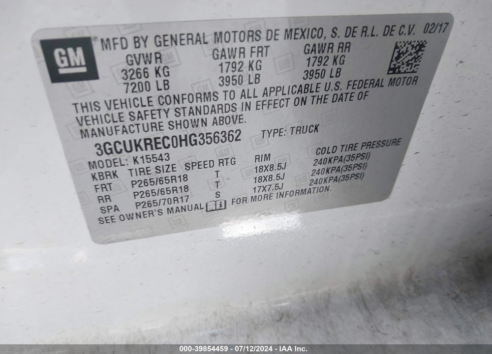 2017 CHEVROLET SILVERADO 1500 2LT VIN: 3GCUKREC0HG356362