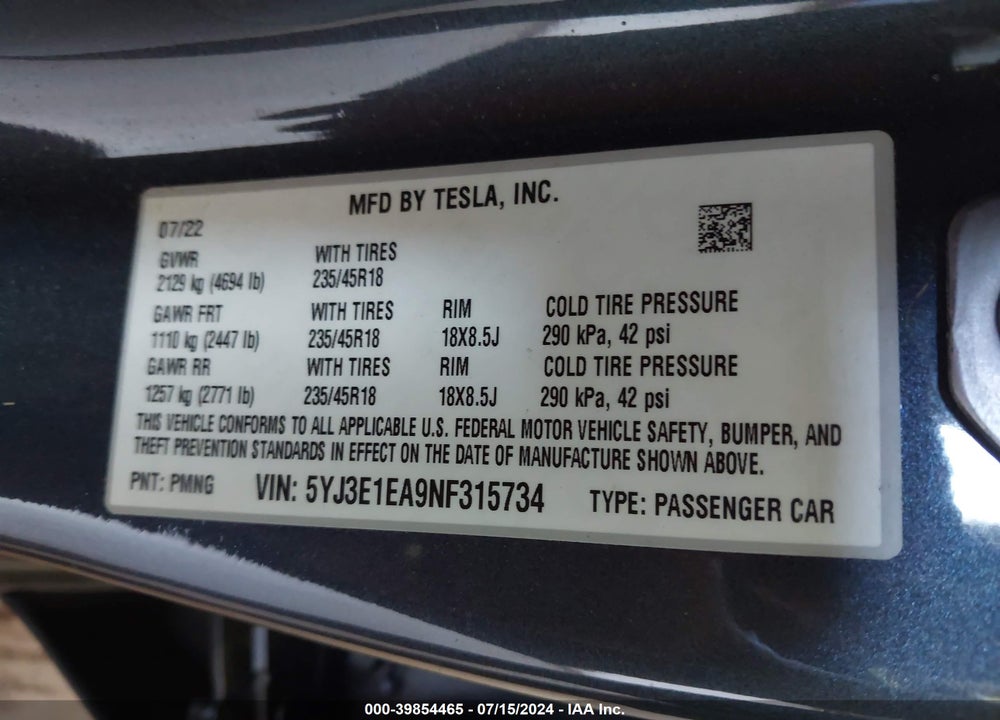 2022 TESLA MODEL 3 REAR-WHEEL DRIVE VIN: 5YJ3E1EA9NF315734