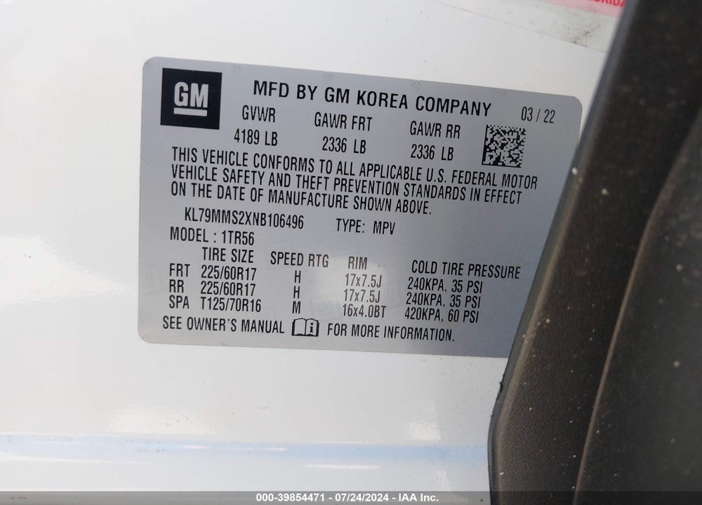 2022 CHEVROLET TRAILBLAZER FWD LS VIN: KL79MMS2XNB106496