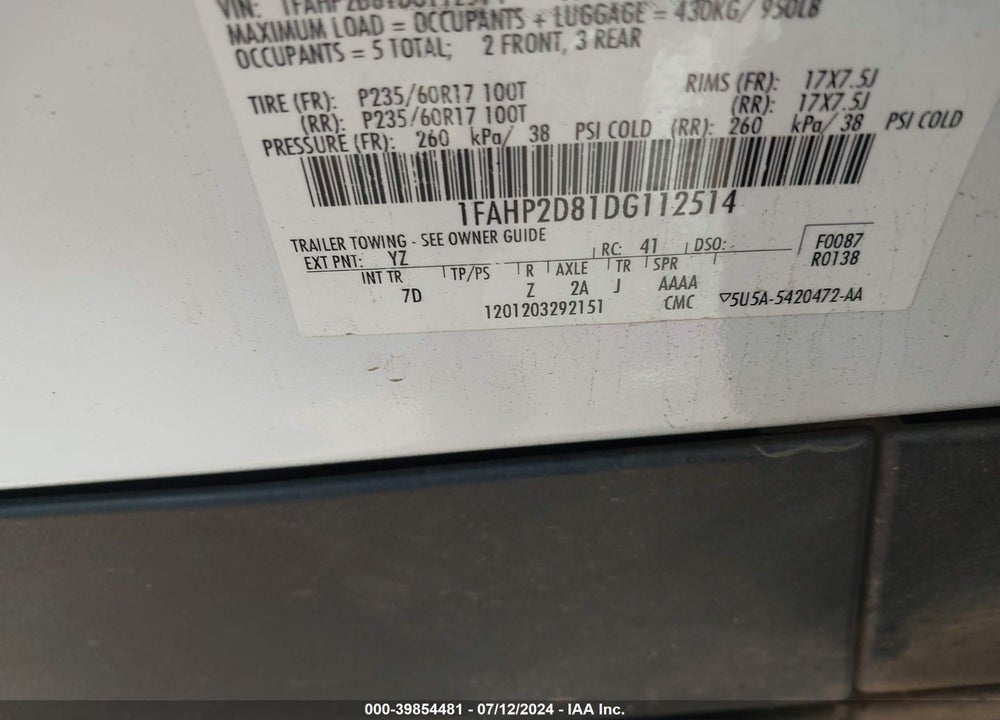 2013 FORD TAURUS VIN: 1FAHP2D81DG112514
