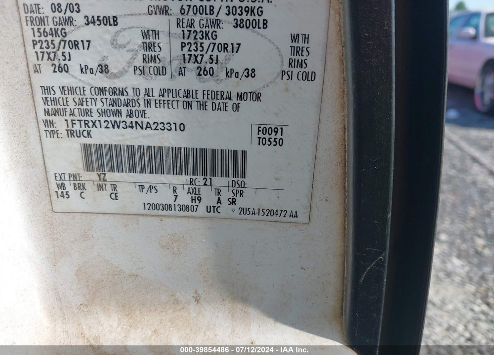 2004 FORD F-150 STX/XL/XLT VIN: 1FTRX12W34NA23310