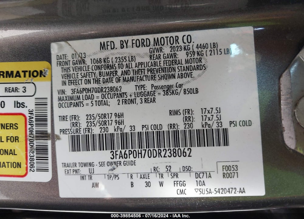 2013 FORD FUSION SE VIN: 3FA6P0H70DR238062