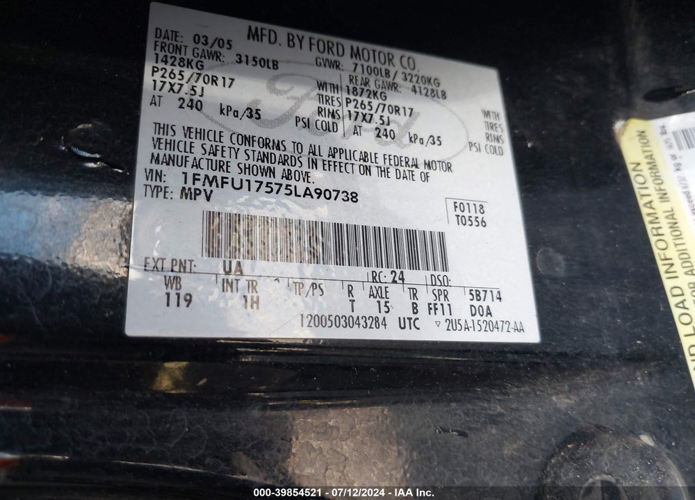 2005 FORD EXPEDITION EDDIE BAUER/KING RANCH VIN: 1FMFU17575LA90738