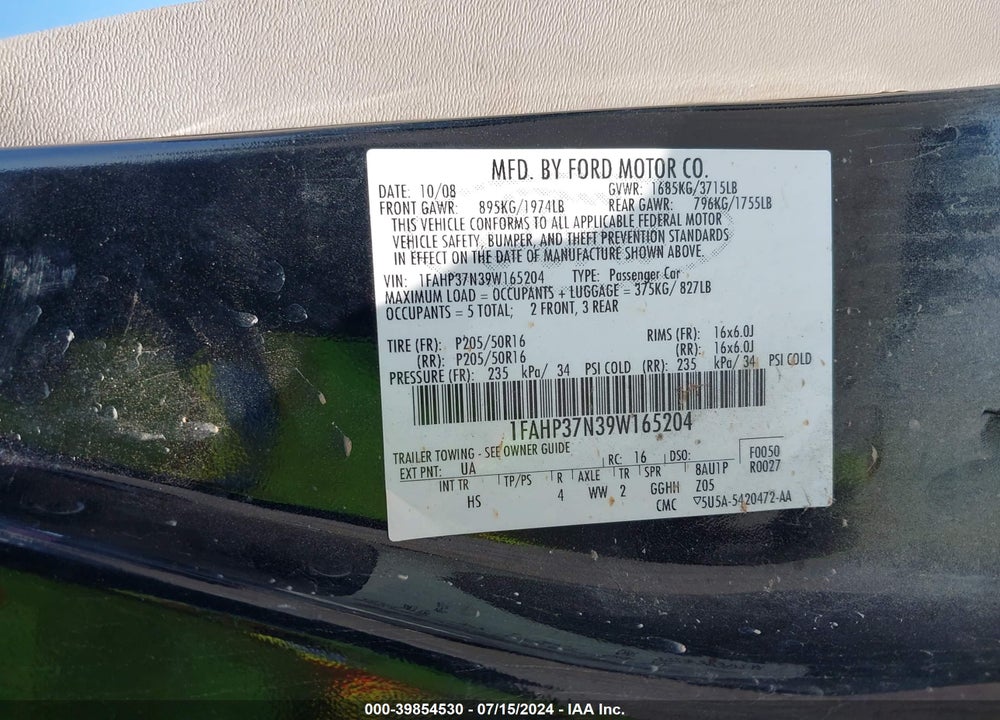 2009 FORD FOCUS SEL VIN: 1FAHP37N39W165204
