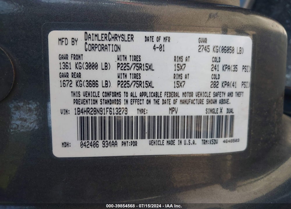 2001 DODGE DURANGO VIN: 1B4HR28N91F613279