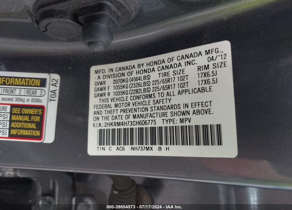 2012 HONDA CR-V EX-L VIN: 2HKRM4H73CH606775