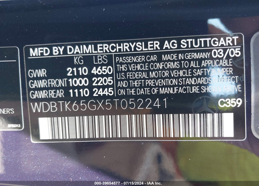 2005 MERCEDES-BENZ CLK 320 VIN: WDBTK65GX5T052241