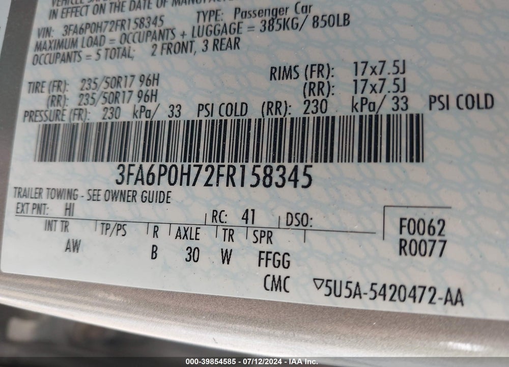 2015 FORD FUSION SE VIN: 3FA6P0H72FR158345