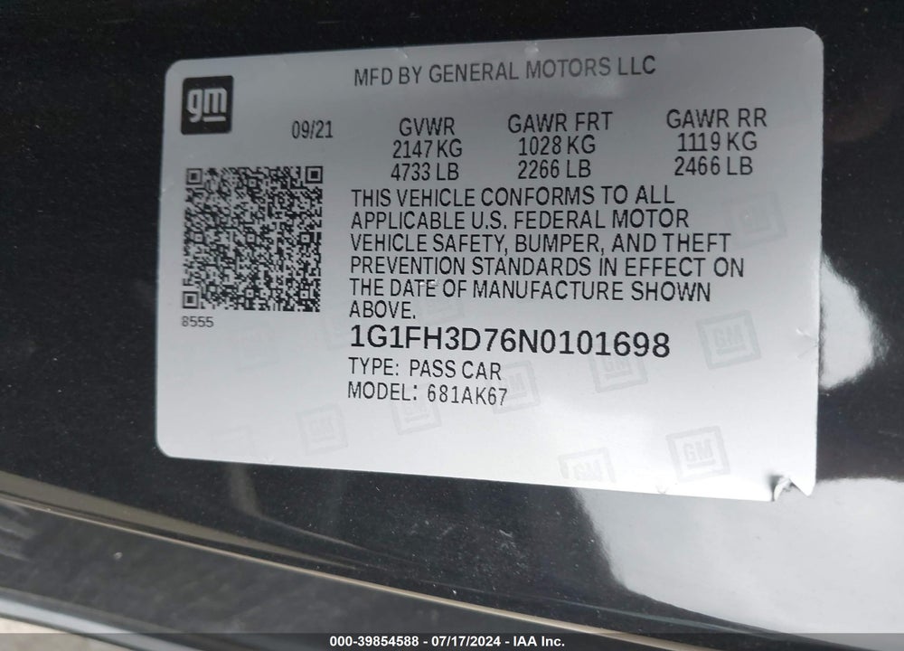 2022 CHEVROLET CAMARO RWD 2SS VIN: 1G1FH3D76N0101698