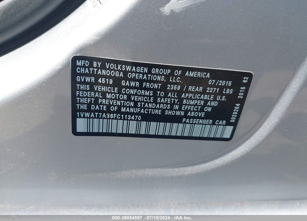 2015 VOLKSWAGEN PASSAT VIN: 1VWAT7A36FC113470