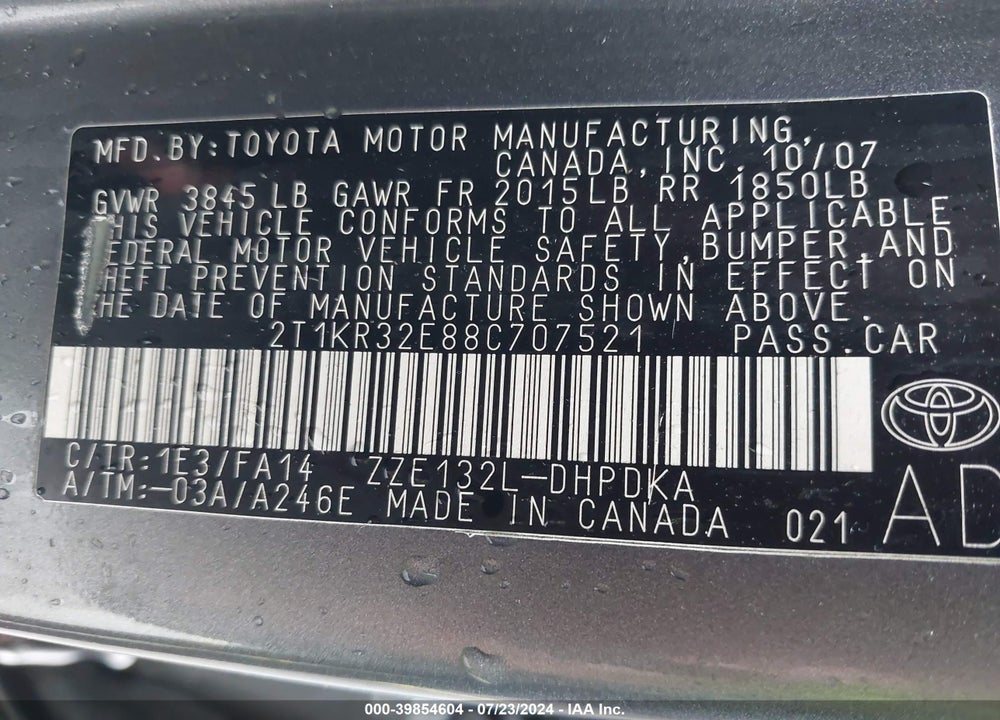 2008 TOYOTA MATRIX VIN: 2T1KR32E88C707521