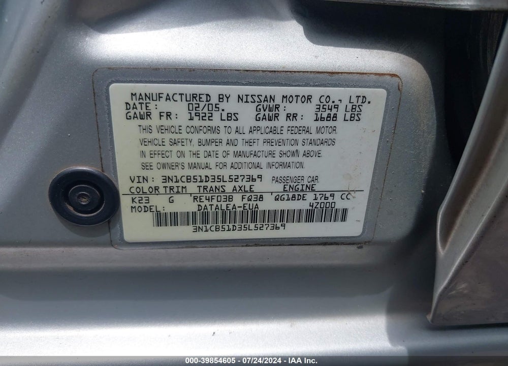 2005 NISSAN SENTRA 1.8S VIN: 3N1CB51D35L527369