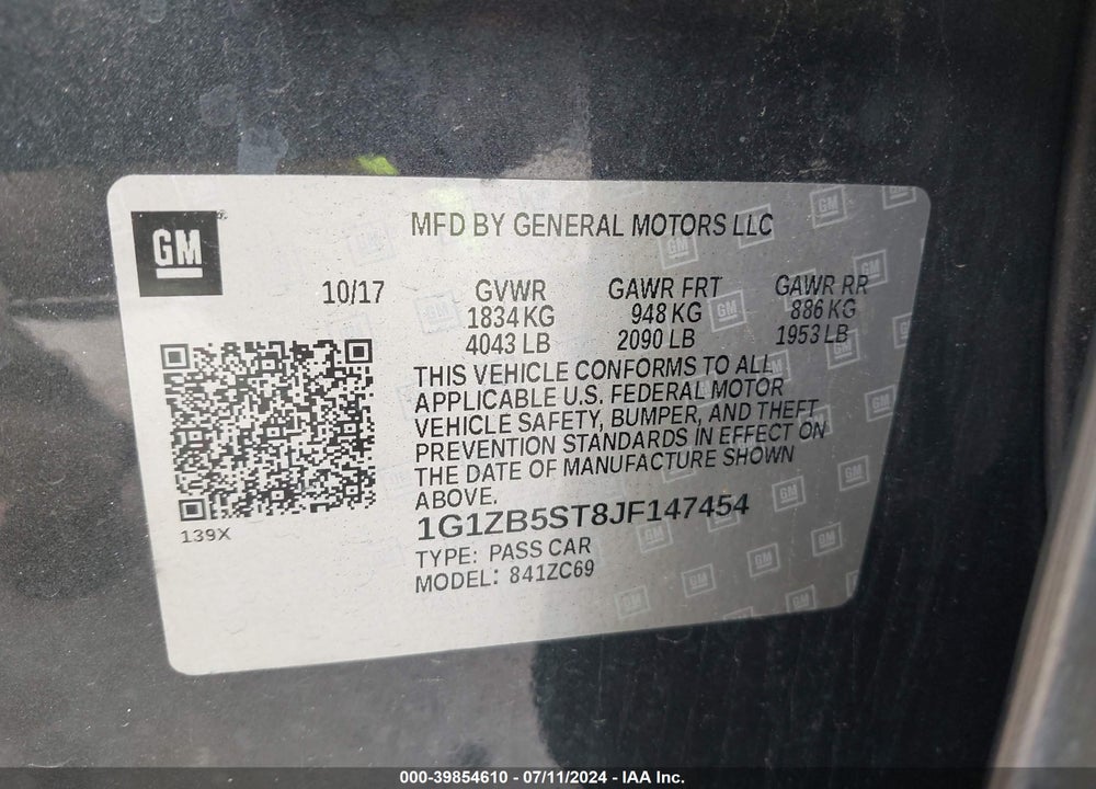 2018 CHEVROLET MALIBU VIN: 1G1ZB5ST8JF147454