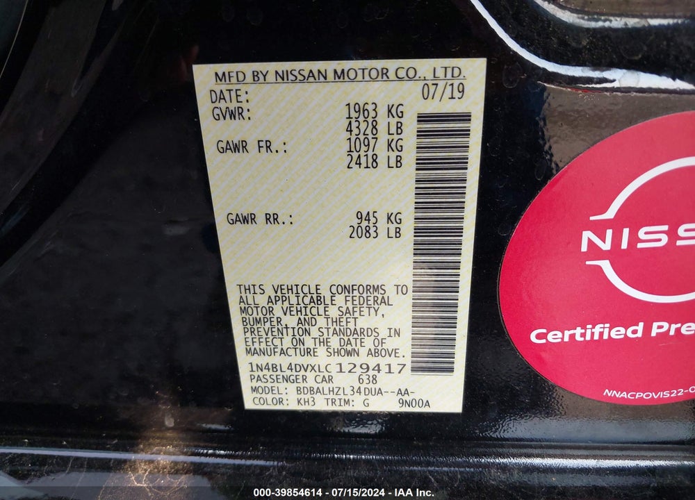 2020 NISSAN ALTIMA SV FWD VIN: 1N4BL4DVXLC129417