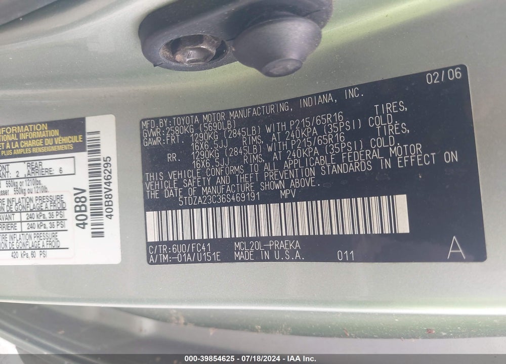 2006 TOYOTA SIENNA LE VIN: 5TDZA23C36S469191